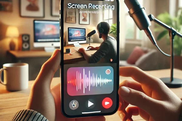 Person holding an iPhone with the Screen Recording button active, showing a cozy home background