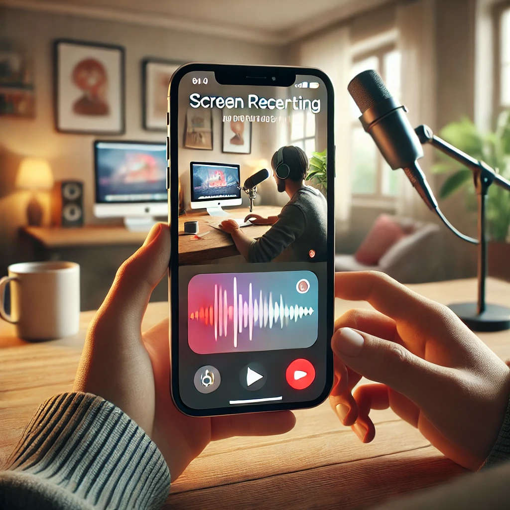 Person holding an iPhone with the Screen Recording button active, showing a cozy home background