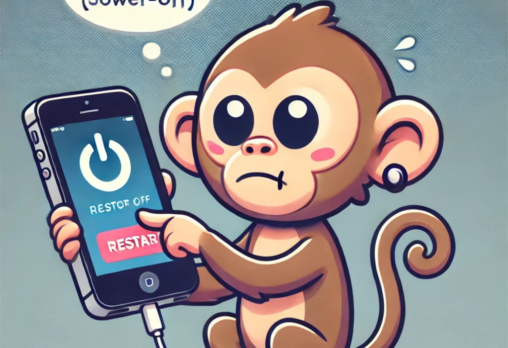 A cartoon-style monkey holding an iPhone with a confused expression, trying to restart it by pressing buttons. A thought bubble shows a power-off slider.