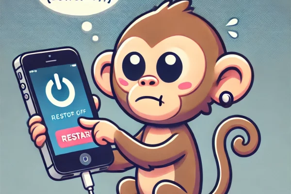 A cartoon-style monkey holding an iPhone with a confused expression, trying to restart it by pressing buttons. A thought bubble shows a power-off slider.