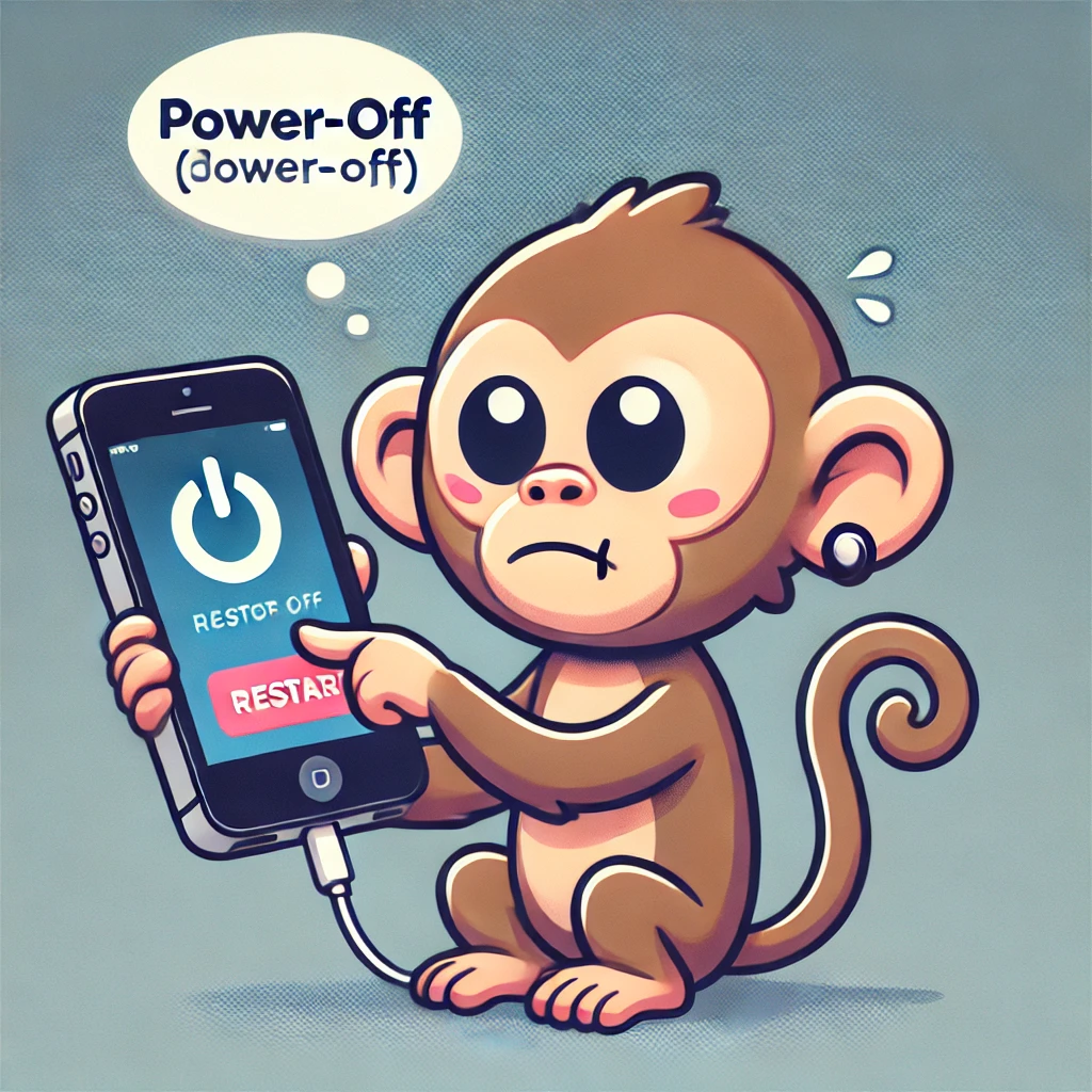 A cartoon-style monkey holding an iPhone with a confused expression, trying to restart it by pressing buttons. A thought bubble shows a power-off slider.