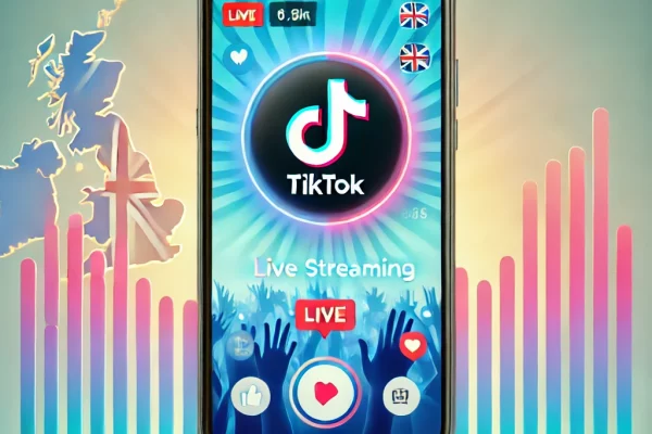 A smartphone displaying the TikTok Live interface with interactive elements like comments, likes, and gifts. The background features a subtle UK theme with a British flag and a London skyline silhouette.