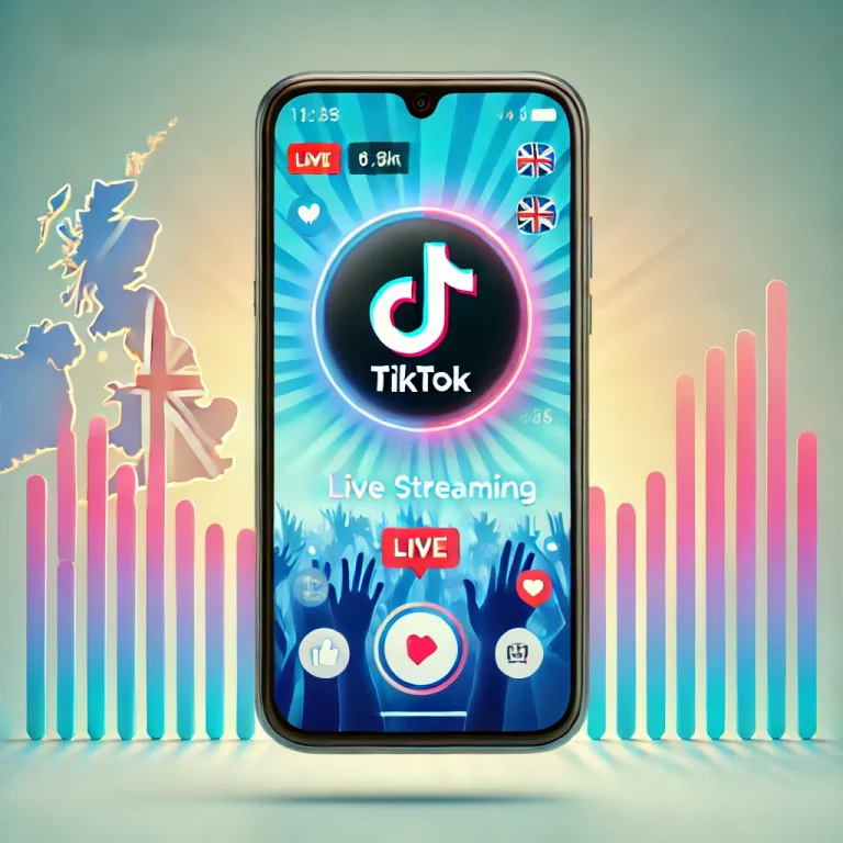 A smartphone displaying the TikTok Live interface with interactive elements like comments, likes, and gifts. The background features a subtle UK theme with a British flag and a London skyline silhouette.